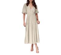 Robe Femme Décontractée Viscose Confortable Tous Les Jours Col V Coupé Fluide Idéale Maison Saisons Printemps Été Automne Garde-Robe Essentielle Facile Entretien Lavage Main Mode Élégante (Beige, M)