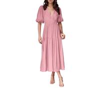 Robe Femme Décontractée Viscose Confortable Tous Les Jours Col V Coupé Fluide Idéale Maison Saisons Printemps Été Automne Garde-Robe Essentielle Facile Entretien Lavage Main Mode Élégante (RD2, S)