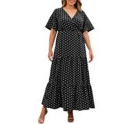 Robe Femme d'Été Grande Taille Col en V Décontracté à Pois à Manches Courtes à la Mode, Vêtements de Printemps, Curvy, Cérémonie, Demoiselle Fille, Confortable et Respirant, Noir , XL