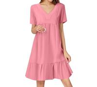 Robe Femme d'été Mi-Longue à Manches Courtes Col en V Chic et Elegant Robes aux Genoux Ample Décontractée Style Empire pour Plage Voyage,Rose,XL,F41R