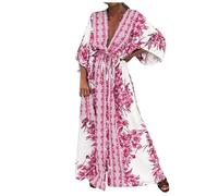 Robe Femme Elegante Col en V Taille Haute Longue Plissée Manches Lanternes Fente Latérale Froncée Robes Longue de Cocktail Soirée Party Summer Dress Plus Size Pas Cher (4D Rose Vif,M)