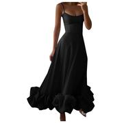 Robe Femme Elegante Col en V Taille Haute Longue Plissée Manches Lanternes Fente Latérale Froncée Robes Longue de Cocktail Soirée Party Womens Summer Dresses Tendance (3C Noir,XL)