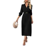 Robe Femme Élégante Manches Longues Col Chemise Plissée Unie Mi-Longue Coupe Évasée Automne Tendance
