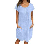 Robe Femme En Coton Lin Chic Et Elegant Manche Courte Col Rond Boutons et Poches Tunique D'été Midi Robes Droite Décontractée Boheme De Plage Vacances Soiree Vêtement Grande Taille (Bleu clair, XL)