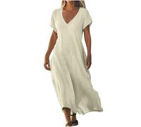 Robe Femme en Coton Lin Pas Cher Robe Chic et Elegant Robes d'été à Manches Courtes à Col en V de Couleur Unie Robes de Plage Fluide Swing Décontractée