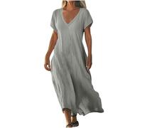 Robe Femme en Coton Lin Pas Cher Robe Chic et Elegant Robes d'été à Manches Courtes à Col en V de Couleur Unie Robes de Plage Fluide Swing Décontractée