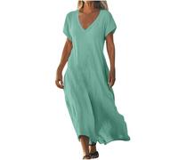 Robe Femme en Coton Lin Pas Cher Robe Chic et Elegant Robes d'été à Manches Courtes à Col en V de Couleur Unie Robes de Plage Fluide Swing Décontractée