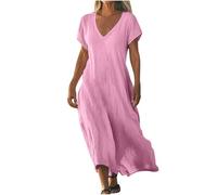 Robe Femme en Coton Lin Pas Cher Robe Chic et Elegant Robes d'été à Manches Courtes à Col en V de Couleur Unie Robes de Plage Fluide Swing Décontractée