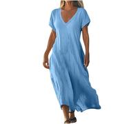 Robe Femme en Coton Lin Pas Cher Robe Chic et Elegant Robes d'été à Manches Courtes à Col en V de Couleur Unie Robes de Plage Fluide Swing Décontractée