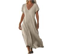 Robe Femme en Coton Lin Pas Cher Robe Chic et Elegant Robes d'été à Manches Courtes à Col en V de Couleur Unie Robes de Plage Fluide Swing Décontractée