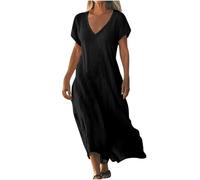 Robe Femme en Coton Lin Pas Cher Robe Chic et Elegant Robes d'été à Manches Courtes à Col en V de Couleur Unie Robes de Plage Fluide Swing Décontractée