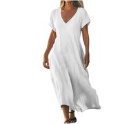 Robe Femme en Coton Lin Pas Cher Robe Chic et Elegant Robes d'été à Manches Courtes à Col en V de Couleur Unie Robes de Plage Fluide Swing Décontractée