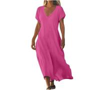 Robe Femme en Coton Lin Pas Cher Robe Chic et Elegant Soldes Robes d'été à Manches Courtes à Col en V de Couleur Unie Robes de Plage Fluide Swing Décontractée