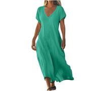 Robe Femme en Coton Lin Pas Cher Robe Chic et Elegant Soldes Robes d'été à Manches Courtes à Col en V de Couleur Unie Robes de Plage Fluide Swing Décontractée