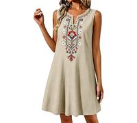Robe Femme Ete Bohème Coton Et Lin Robes Floral Brodé Robe Col V Sans Manches MiniRobe A-Line Décontractée Lâche Dress Chic Et Elegant En Lin Robes Mini Longue Tunique Dress Pour Vacances Plage