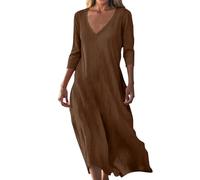 Robe Femme éTé BohèMe Grande Taille Lin Fleurie Manches 3/4 Dé ContractéE TrapèZe Ample Col en V De Couleur Unie Robes Plage Fluide Coton Longue Vacances éLéGante Casuel Leurs