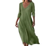 Robe Femme éTé BohèMe Grande Taille Lin Fleurie Manches 3/4 Dé ContractéE TrapèZe Ample Col en V De Couleur Unie Robes Plage Fluide Coton Longue Vacances éLéGante Casuel Leurs