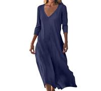 Robe Femme éTé BohèMe Grande Taille Lin Fleurie Manches 3/4 Dé ContractéE TrapèZe Ample Col en V De Couleur Unie Robes Plage Fluide Coton Longue Vacances éLéGante Casuel Leurs