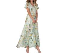 Robe Femme Ete Chic et Elegant Mi Longue Ensemble Fluide Robe Femme Fleurie Ete Femmes Vetement Manche Courte Moulante Printemps Robes de Bal Plage Soiree Cocktail D'été(A Light Green,X-Large)