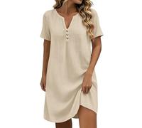 Robe Femme Été Coton Et Lin Robes Chic Et Elegant sans Manches Col en V Boutonné Robes Décontracté Ample Habillée Ete Fluide Grande Taille Couleur Unie Dress Casual Plage Vacances