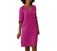 Robe Femme Été Courte Manches Courtes Col V Ample Coton Et Lin Chic Bureau Décontracté Salon Maison Fraîche Allure Structurée Rendez Vous Simple Décontractée Toucher Doux Détail Souple Rose Vif Xl