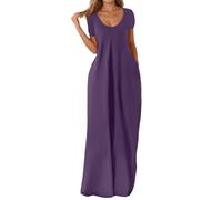 Robe Femme Été Fluide Vêtement féminin élégant pour journées décontractées Robe Longue à Coupe Fluide avec col en V et Poches Version Tendance sans Manches Courtes pour Printemps été (Purple, XXXXXL)