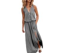 Robe Femme Ete Lin Coton Tunique Manches Courtes Ample Casuel Couleur Unie Robes avec Boutons Col V Chic Elegant Robes de Plage Grandes Tailles Womens Tea Dresses Bikini Cover Up Paréo 2025 （Gris,M）