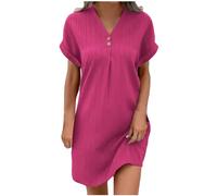 Robe Femme Ete Lin Coton Tunique Robe Manches Courtes Ample Casuel Couleur Unie Robes avec Boutons Col V Chic Elegant Robes De Plage Pas Cher Grandes Tailles Dress pour FêTe Vacances