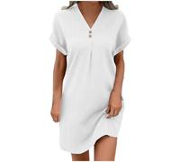 Robe Femme Ete Lin Coton Tunique Robe Manches Courtes Ample Casuel Couleur Unie Robes avec Boutons Col V Chic Elegant Robes De Plage Pas Cher Grandes Tailles Dress pour FêTe Vacances