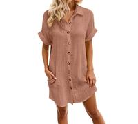 Robe Femme Ete Longue en Lin Manche Courte D'été Made in Italy Fluide Mi Chemise Coton Été Grande Taille Chic Et Elegant Champetre Mariage Bohème Boheme De Plage Robes Femmes D,1-E-Rose,S