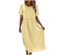 Robe Femme été longue midi coton lin col rond col V manches courtes manche 3 4 taille haute élastique coupe A line trapèze ample loose couleur unie avec poches légère respirant bohème rétro pour (S)