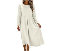 Robe Femme été longue midi coton lin col rond col V manches courtes manche 3 4 taille haute élastique coupe A line trapèze ample loose couleur unie avec poches légère respirant bohème rétro pour (M)