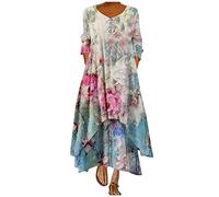 Robe Femme Ete Mi Longue BohèMe Manches Longues Eté Boheme Dress Plissée avec Poches Mode Sundress Longue Chic Elegante Robes en Lin Lâche Longue Robe Maxi Robes