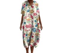 Robe Femme Ete Mi Longue Pull Femmes Ample Dress Tendance Plage Shirt Moulante Blanche Deguisement Imprimé Fleurs Été Tunique Jupe Robe Plage Ete Fluide Chemisier Légère Large