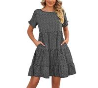 Robe Femme Ete Mi Longue-Robe TrapèZe Style Boho, Col Carré, Manches Courtes, DéContractéE, à Volants, pour L'éTé, Mi-Longue LéGèRe à Plusieurs Niveaux pour Femmes