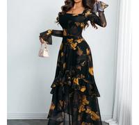 Robe femme gothique élégante et sexy à manches longues, style moderne romantique avec doubles manches à volants et imprimé abstrait L,M,S,XLImprimés aléatoiresTissu tricoté