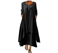 Robe Femme Grande Taille Coton Lin Robes à Manches Longues Col en V BoutonnéE Robe Couleur Unie Ample Swing Robes Chic Ourlet AsyméTrique Dress DéContractéE LâChe ÉTé Plage Maxi Dress