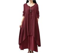 Robe Femme Grande Taille Coton Lin Robes à Manches Longues Col en V BoutonnéE Robe Couleur Unie Ample Swing Robes Chic Ourlet AsyméTrique Dress DéContractéE LâChe ÉTé Plage Maxi Dress