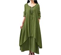 Robe Femme Grande Taille Coton Lin Robes à Manches Longues Col en V BoutonnéE Robe Couleur Unie Ample Swing Robes Chic Ourlet AsyméTrique Dress DéContractéE LâChe ÉTé Plage Maxi Dress