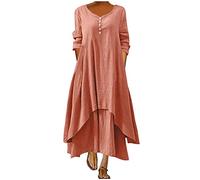 Robe Femme Grande Taille Coton Lin Robes à Manches Longues Col en V BoutonnéE Robe Couleur Unie Ample Swing Robes Chic Ourlet AsyméTrique Dress DéContractéE LâChe ÉTé Plage Maxi Dress