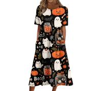 Robe Femme Halloween Décontractée Mi Longue Col Rond Manches Courtes Avec