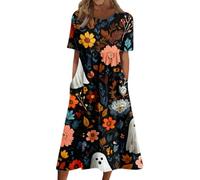 Robe Femme Halloween Décontractée Mi Longue Col Rond Manches Courtes Avec