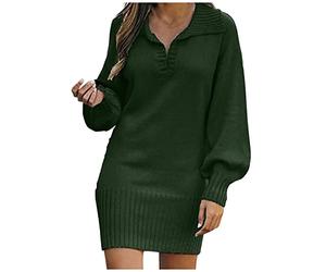 Robe Femme Hiver Revers - Robe Manche Longue Femme Courte Couleur Pure, Robes Décontractée Classique - Pulls Vintage Convient pour Le Printemps, L'automne Et l'hiver Vert armée S