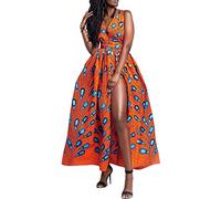 Robe Femme Imprimer lâche Grande Taille Afrique sans Manches Une épaule De Multiples Façons De Porter (Orange, L)