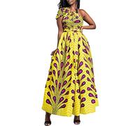 Robe Femme Imprimer lâche Grande Taille Afrique sans Manches Une épaule De Multiples Façons De Porter (Jaune, M)