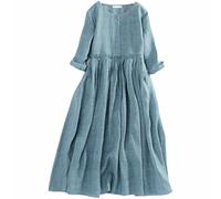 Robe Femme Lin Printemps Été Col Rond Plissé Corde de Traction Manches Sept Points pour Montrer Robe Longue Fine, Ample, bleu, XXL