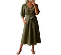 Robe Femme Longue Col V Lin Coton Boutons Ceinturée Poches Été Plage (XL)