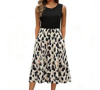 Robe Femme Longue Elegant sans Manche Col Rond Ete De Plage Florales Robe D'éTé Midi Swing avec Poches(Léopard Noir,XL)
