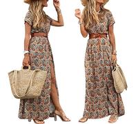 Robe Femme Longue,Robe Longue Bohème pour Femme Élégante Col en V À Manches Courtes Robe Florale Cachemire Longue Robe Décontractée Marron Ceinture Maxi Robe Grand Ourlet Plage Boho Robe pour