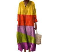 Robe Femme Manches Courtes Robes Ete Longue de Plage Décontractée Imprimé Fleurs Maxi Dress Mi Fluide Coton Chemise Longues Ample Casuel A-Line Fleur Col V Ronde Bohème De Soiree Vintage pour Fête